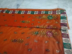 Orange Embroidered Net Saree no blouse