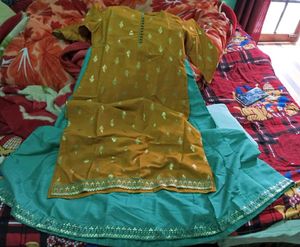 Elegant Mustard &amp; Teal Anarkali Set