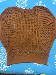 Brown Crocheted Top with Graphic Print