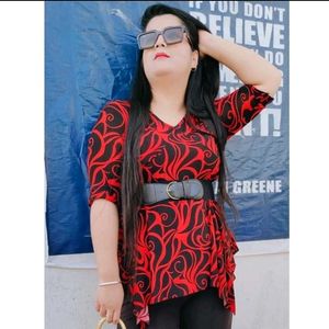Stylish Red & Black Printed Top with Belt