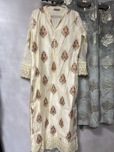Embroidered Cream lace kurti with trouser