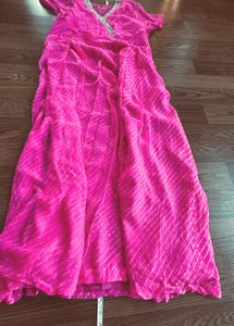 Vibrant leheriya pink dress with Embellished Neckl