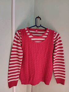 Pink Knit Sweater with White Stripes