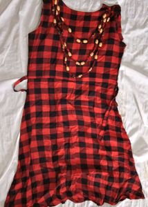 Red Plaid Tunic with Beaded Necklace