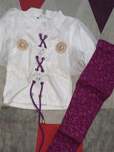 White top with Purple Trousers