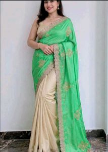 Beautiful Green & Beige Embroidered Saree