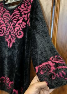 Black Faux Fur Kurta with Pink Embroidery