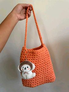 Crocheted Orange Tote Bag with Dog Charm