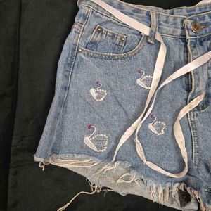 Cute Swan Embroidered Denim Shorts