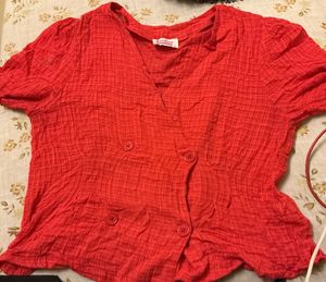 Red Textured Double-Breasted Top