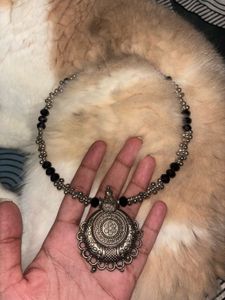 Oxidized Silver Necklace with Black Beads