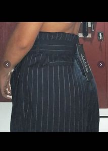 Navy Blue Pinstripe Pleated Trousers