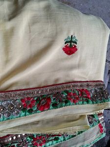 Yellow Saree with Red Floral Embroidery