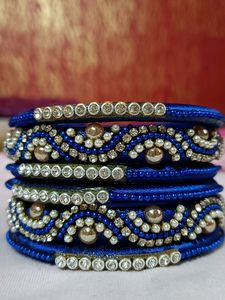 Blue &amp; Gold Beaded Bangles (Set of 6)