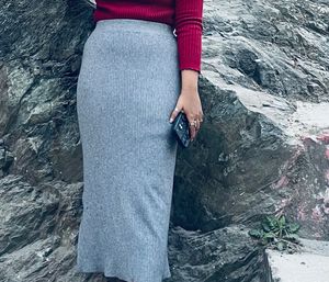 Grey Knit Midi Skirt
