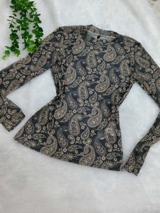 Paisley Print Long Sleeve Mesh Top