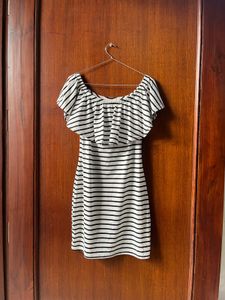 stripped off shoulder b/w dress