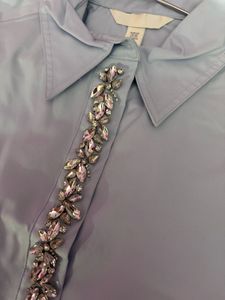 Light Blue Embellished Button Down Shirt