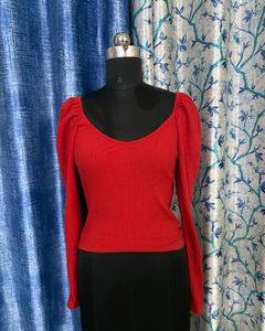 Red Puff Sleeve Ribbed Top