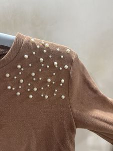 Brown Pearl Embellished Long Sleeve Top