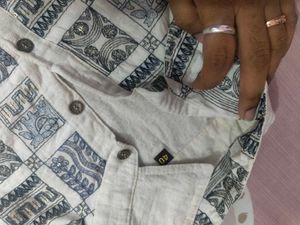 Cream Cotton Kurta Set with Blue Print