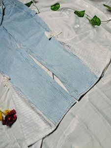 Women’s Blue White Striped Wide Leg Lace Jeans