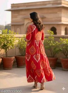 Red Tiered Ethnic Gown with Bandhani Print