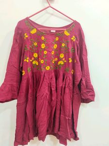 Red Colour Top With Beautiful Flower Design