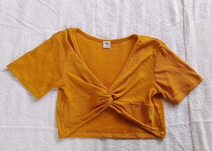 Mustard Yellow Ribbed Twist Front Top