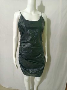 Black Faux Leather Ruched Sexy Mini Dress Large