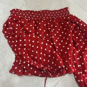 Red polka dot top with pull up sleeves