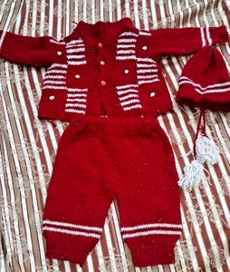 Red Knitted Baby Outfit with Hat