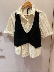 Chic Button-Up Shirt with Black Vest