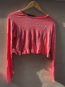 Pink Graphic Crop Top with Ruffle Hem