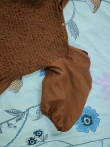 Brown Puff Sleeve Smocked Dress