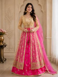 Golden blouse pink lahnga with shrug