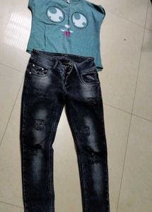 Funny Face Graphic Tee &amp; Ripped Jeans Set