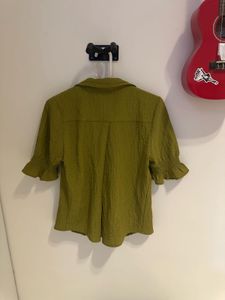 Olive Green Textured Puff Sleeve Top