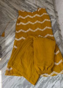 Stylish Mustard Kurta Set with White Embroidery
