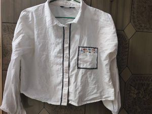 White Cropped Shirt with Embellished Pocket