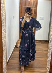 Indigo blue Floral Ruffle hem Midi Dress