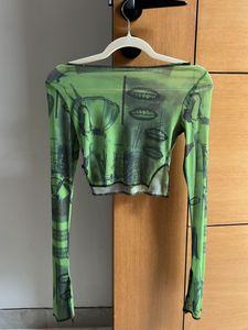 Green Graphic Print Mesh Long Sleeve Top