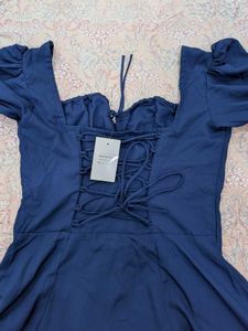Navy Blue Puff Sleeve Midi Dress corset look
