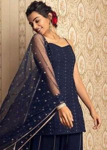 Indya Navy Chikankari Strappy Short Kurti