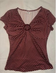 Maroon Polka Dot V-Neck Top