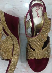 Bridal Heels Embellished Wedges - Maroon &amp; Gold