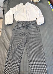 Chic Gingham Pants & White Top Set