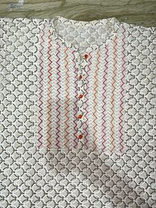 White Printed Kurta with Red Embroidery