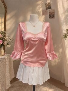 Pink Satin Lace Trimmed Puff Sleeve Top