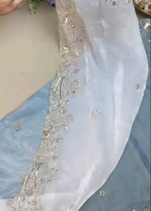 Elegant Grey-Blue &amp; Ivory Embroidered Saree.